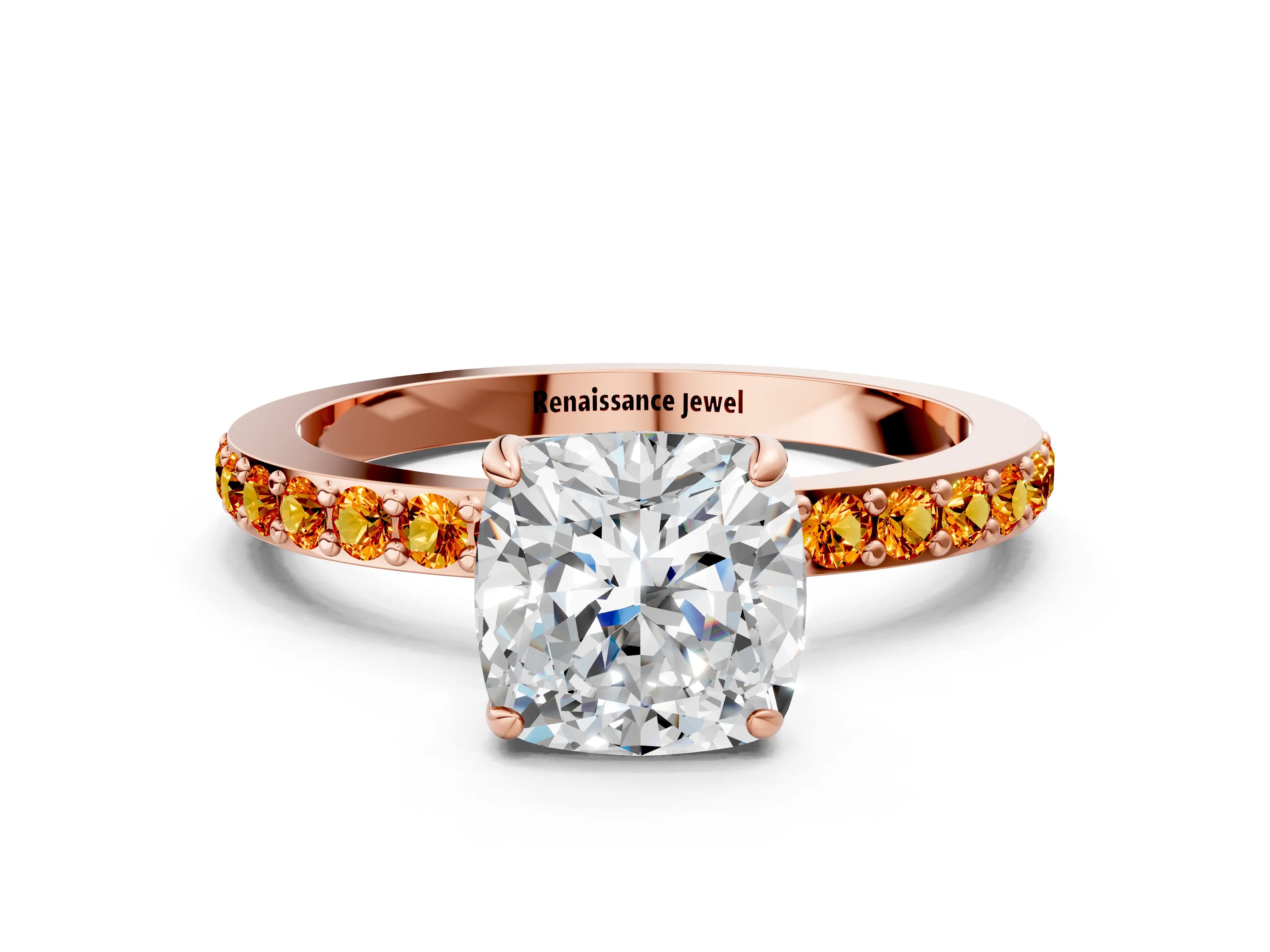 Rose gold Cushion Cut Diamond Pavé Engagement Ring with Round with Citrine side stone Accents and Prong Setting