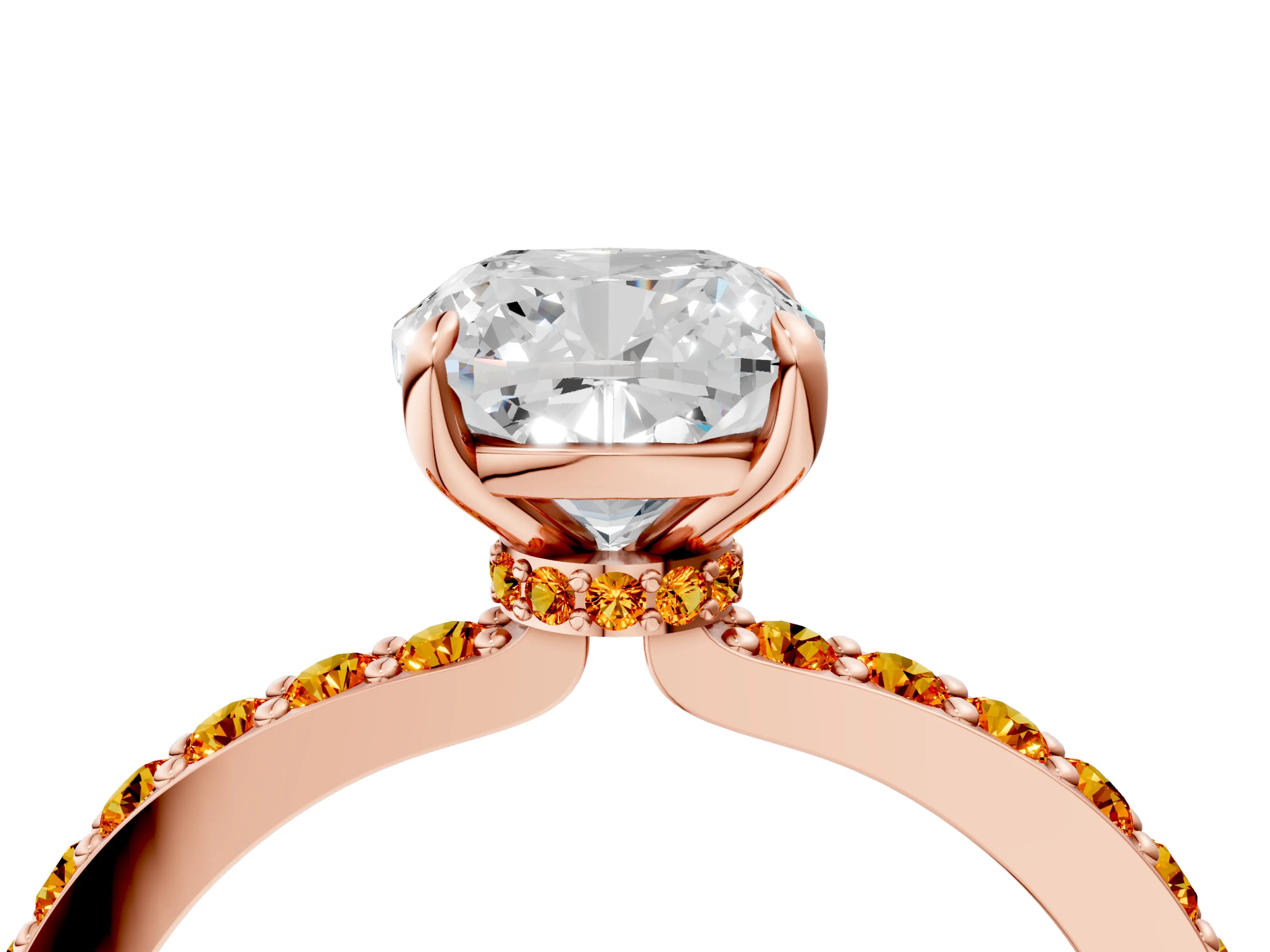 Rose gold Cushion Cut Diamond Pavé Engagement Ring with Round with Citrine side stone Accents and Prong Setting_4