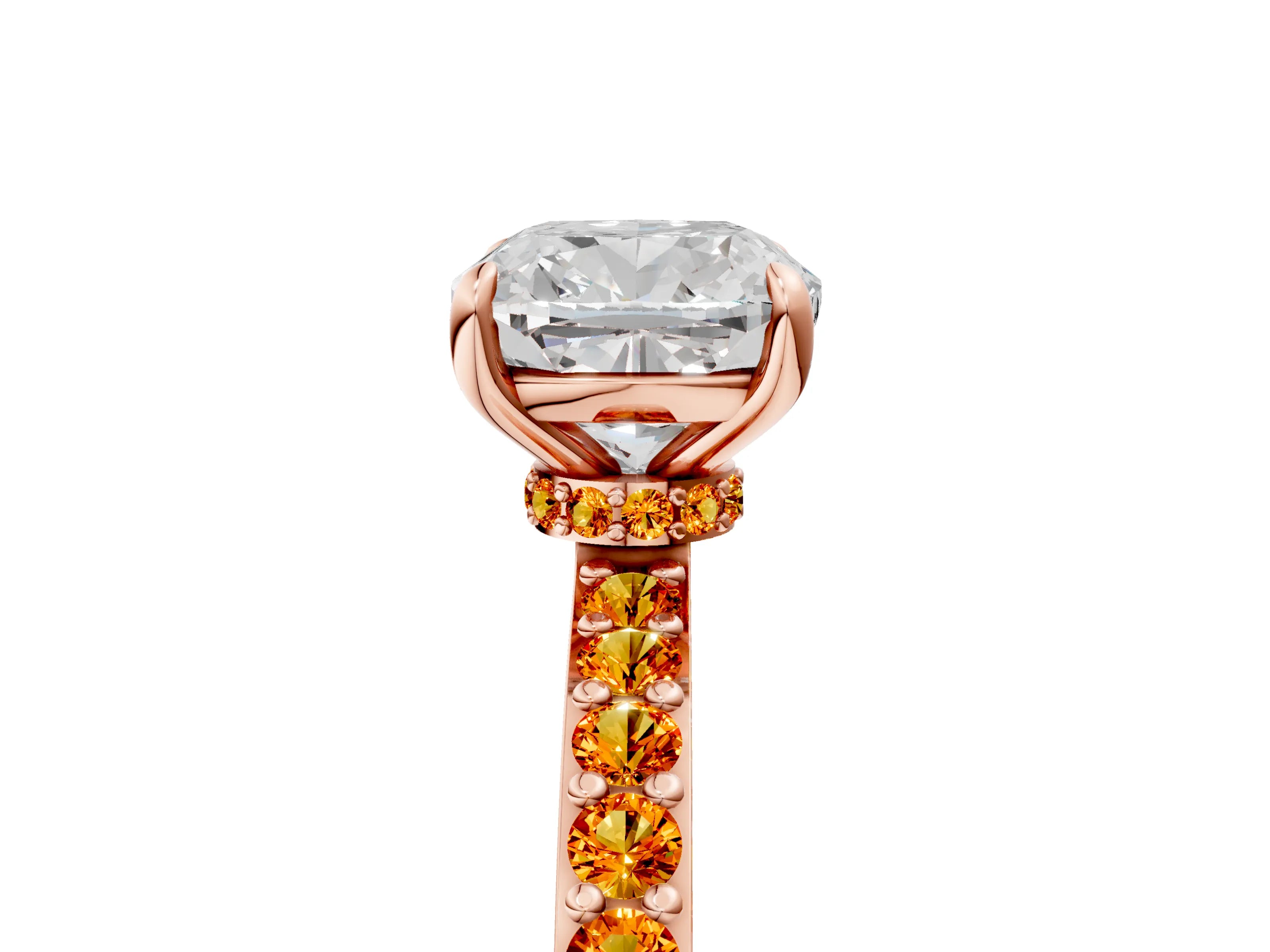 Rose gold Cushion Cut Diamond Pavé Engagement Ring with Round with Citrine side stone Accents and Prong Setting_5
