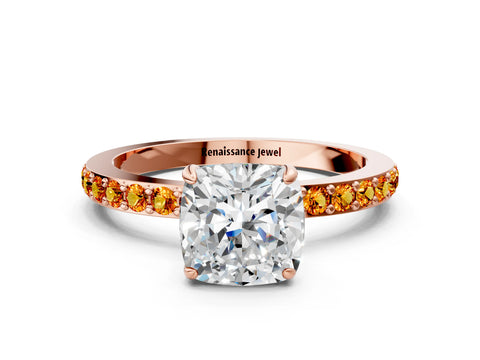 Rose gold Cushion Cut Diamond Pavé Engagement Ring with Round with Citrine side stone Accents and Prong Setting