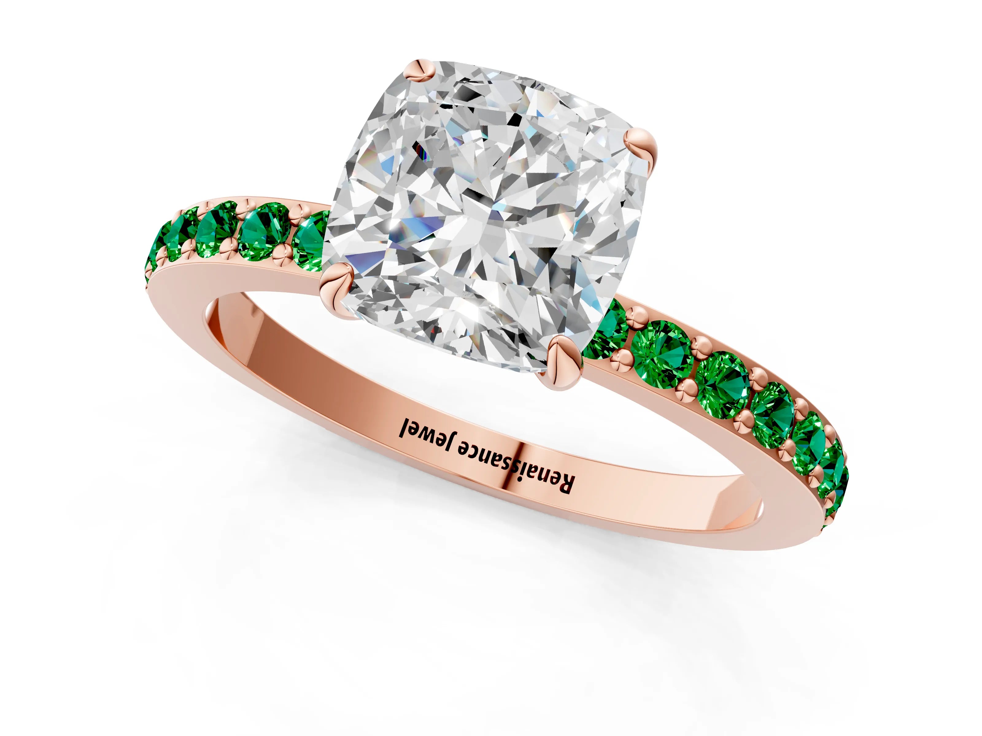 Rose gold Cushion Cut Diamond Pavé Engagement Ring with Round with Emerald side stone Accents and Prong Setting_1