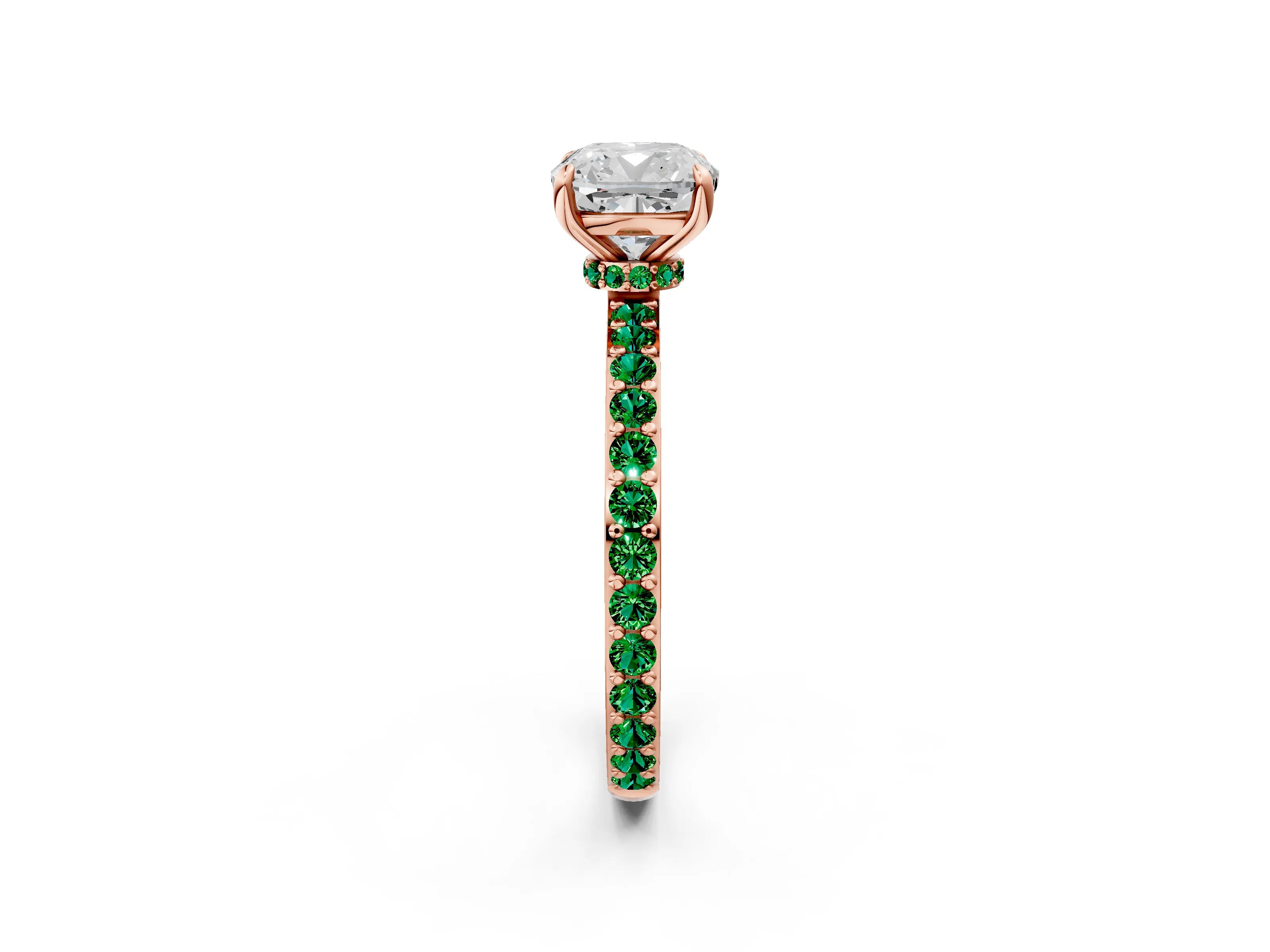 Rose gold Cushion Cut Diamond Pavé Engagement Ring with Round with Emerald side stone Accents and Prong Setting_2