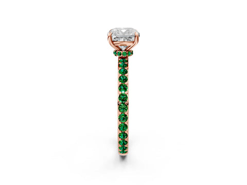 Rose gold Cushion Cut Diamond Pavé Engagement Ring with Round with Emerald side stone Accents and Prong Setting_2