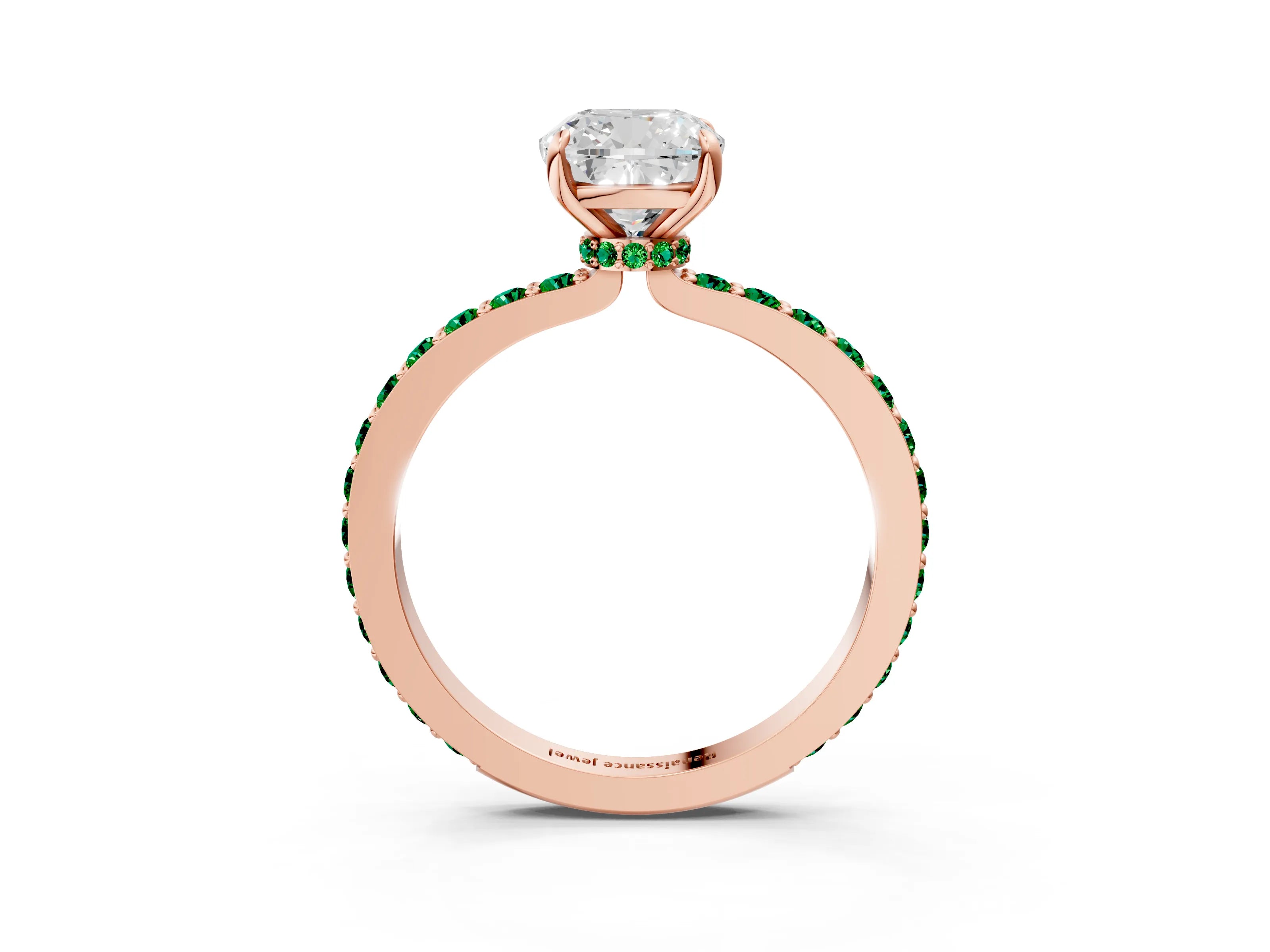 Rose gold Cushion Cut Diamond Pavé Engagement Ring with Round with Emerald side stone Accents and Prong Setting_3