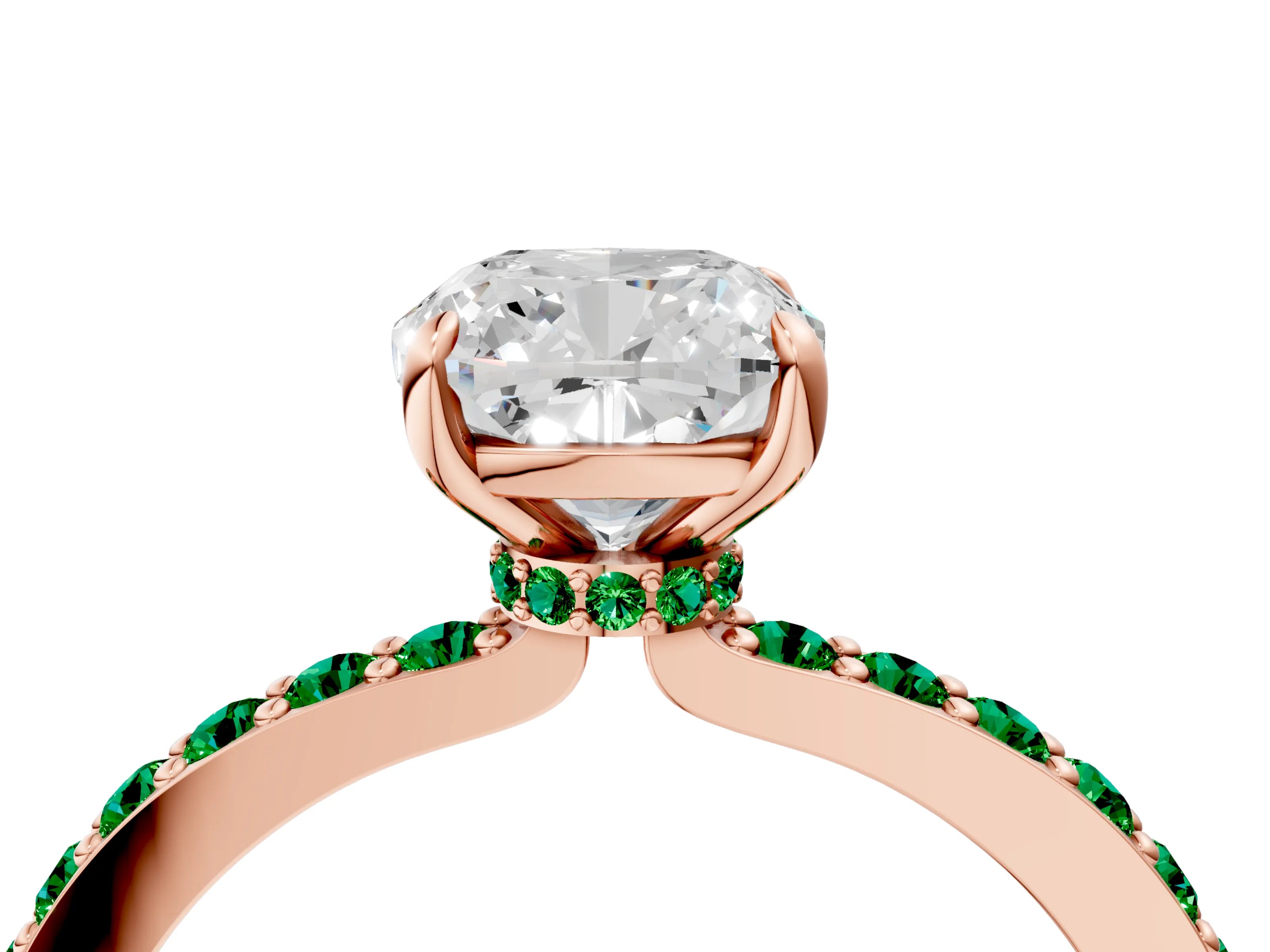 Rose gold Cushion Cut Diamond Pavé Engagement Ring with Round with Emerald side stone Accents and Prong Setting_4