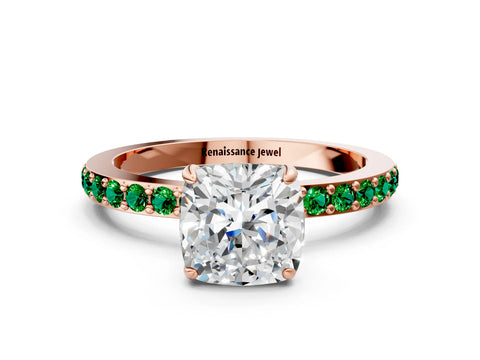 Rose gold Cushion Cut Diamond Pavé Engagement Ring with Round with Emerald side stone Accents and Prong Setting