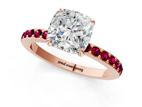Rose gold Cushion Cut Diamond Pavé Engagement Ring with Round with Garnet side stone Accents and Prong Setting_1