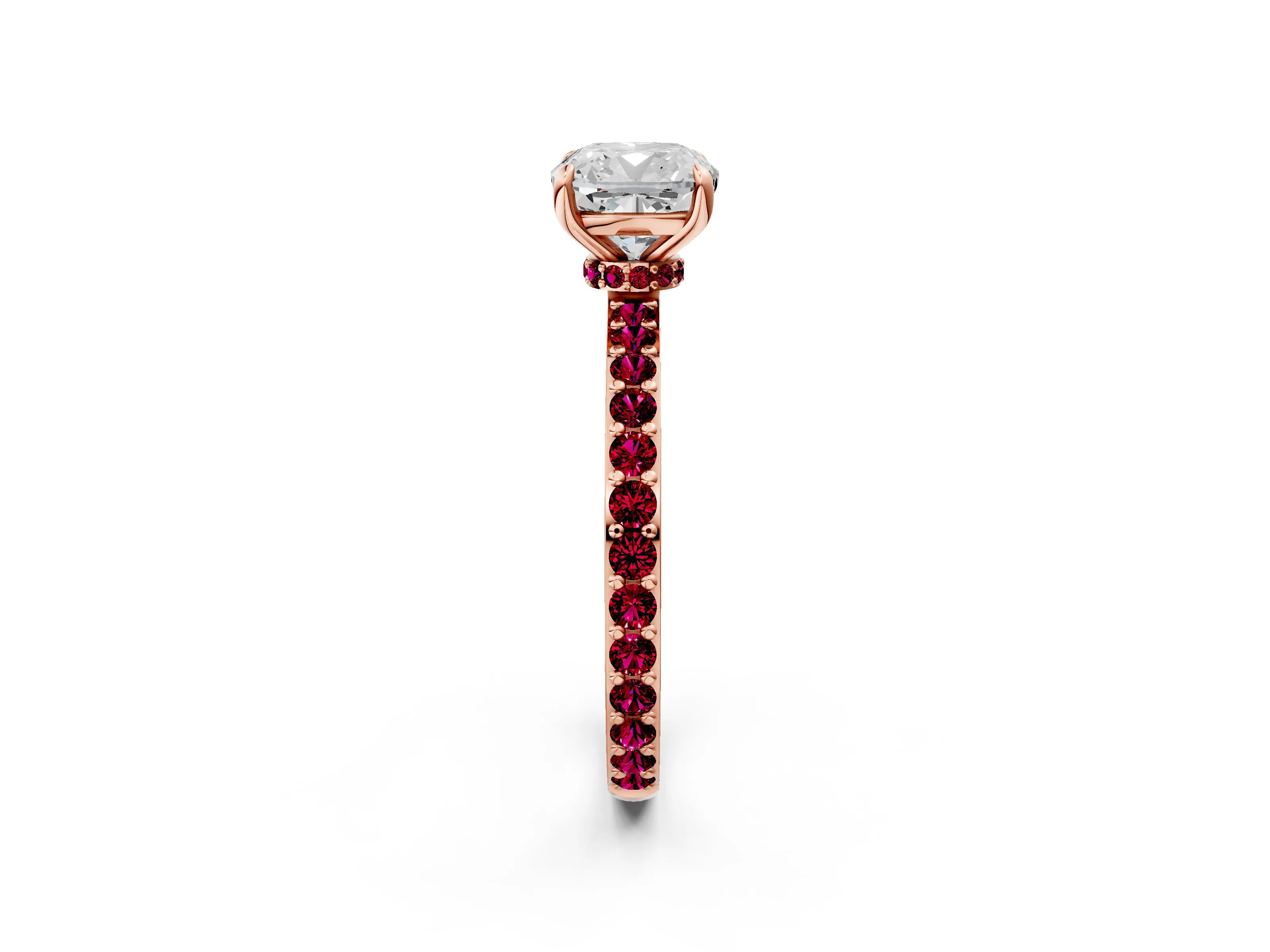 Rose gold Cushion Cut Diamond Pavé Engagement Ring with Round with Garnet side stone Accents and Prong Setting_2