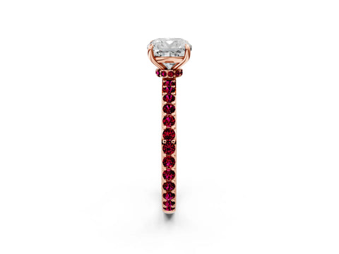 Rose gold Cushion Cut Diamond Pavé Engagement Ring with Round with Garnet side stone Accents and Prong Setting_2