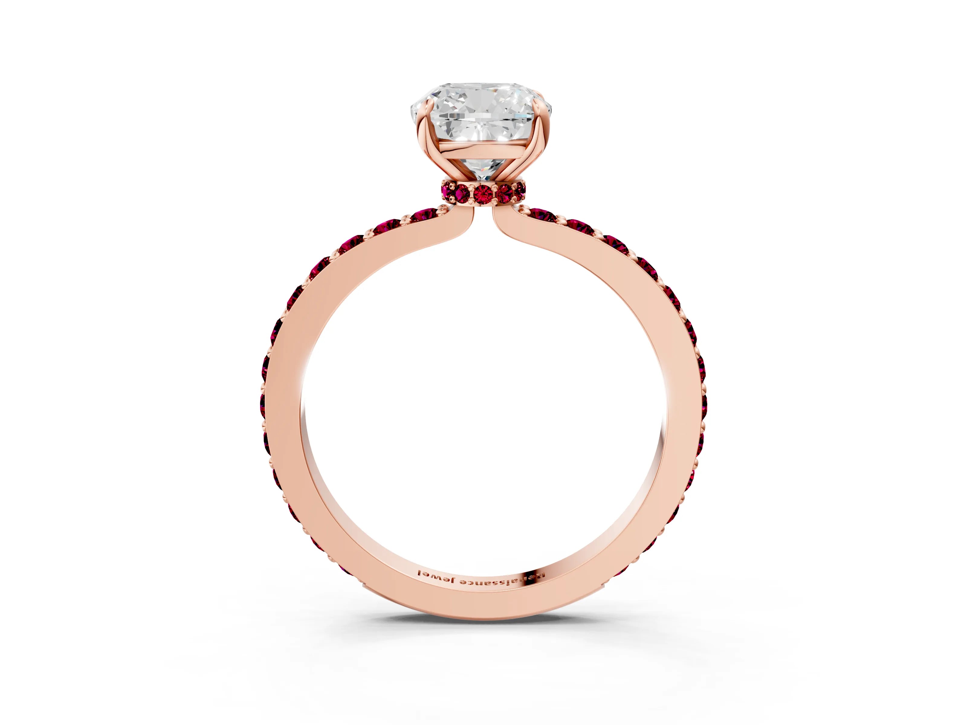 Rose gold Cushion Cut Diamond Pavé Engagement Ring with Round with Garnet side stone Accents and Prong Setting_3