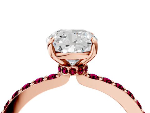 Rose gold Cushion Cut Diamond Pavé Engagement Ring with Round with Garnet side stone Accents and Prong Setting_4