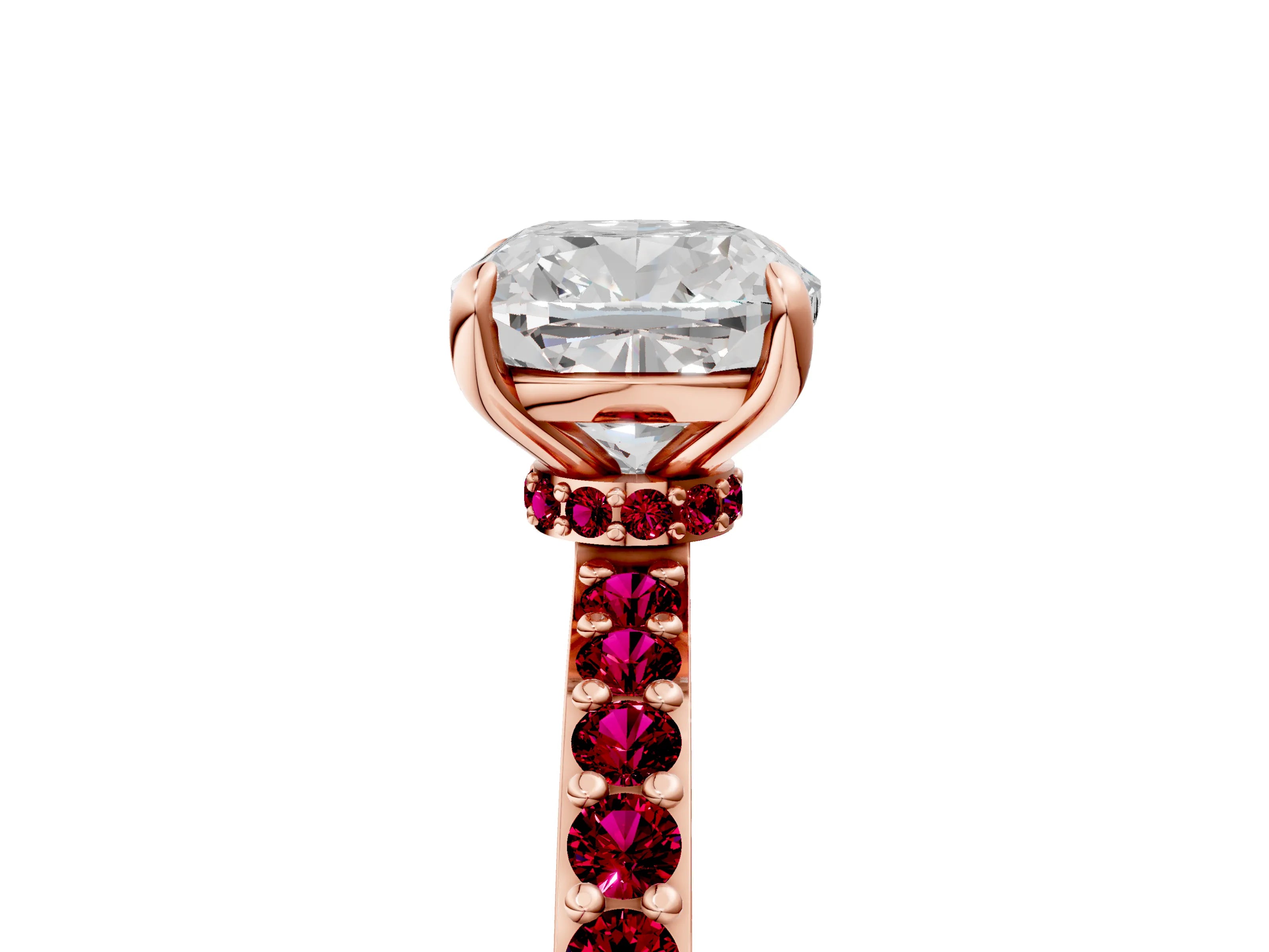 Rose gold Cushion Cut Diamond Pavé Engagement Ring with Round with Garnet side stone Accents and Prong Setting_5