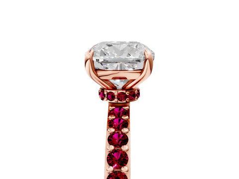 Rose gold Cushion Cut Diamond Pavé Engagement Ring with Round with Garnet side stone Accents and Prong Setting_5