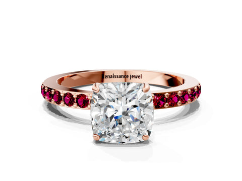 Rose gold Cushion Cut Diamond Pavé Engagement Ring with Round with Garnet side stone Accents and Prong Setting