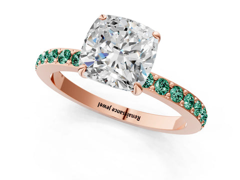 Rose gold Cushion Cut Diamond Pavé Engagement Ring with Round with Green Sapphire side stone Accents and Prong Setting_1