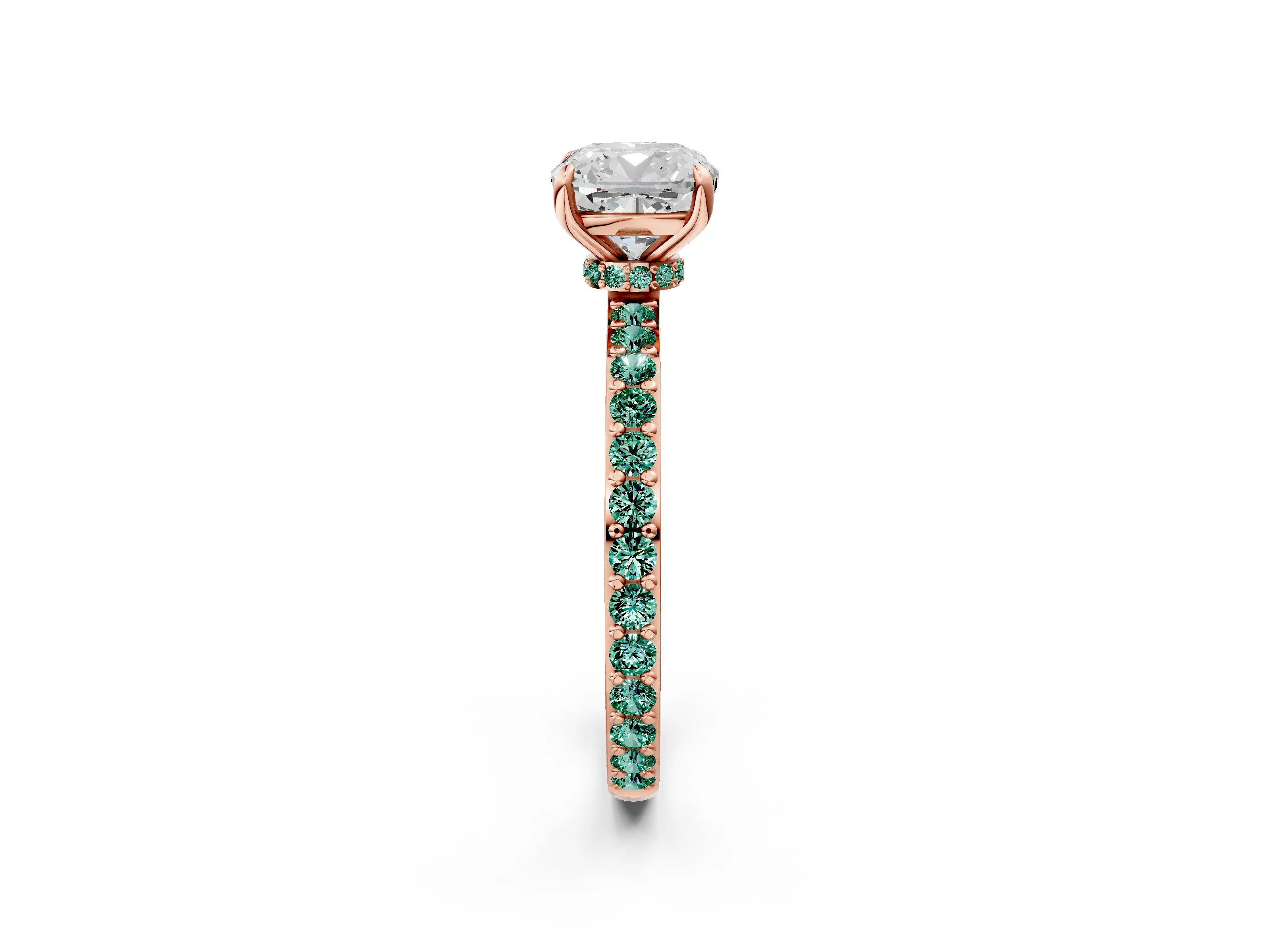 Rose gold Cushion Cut Diamond Pavé Engagement Ring with Round with Green Sapphire side stone Accents and Prong Setting_2