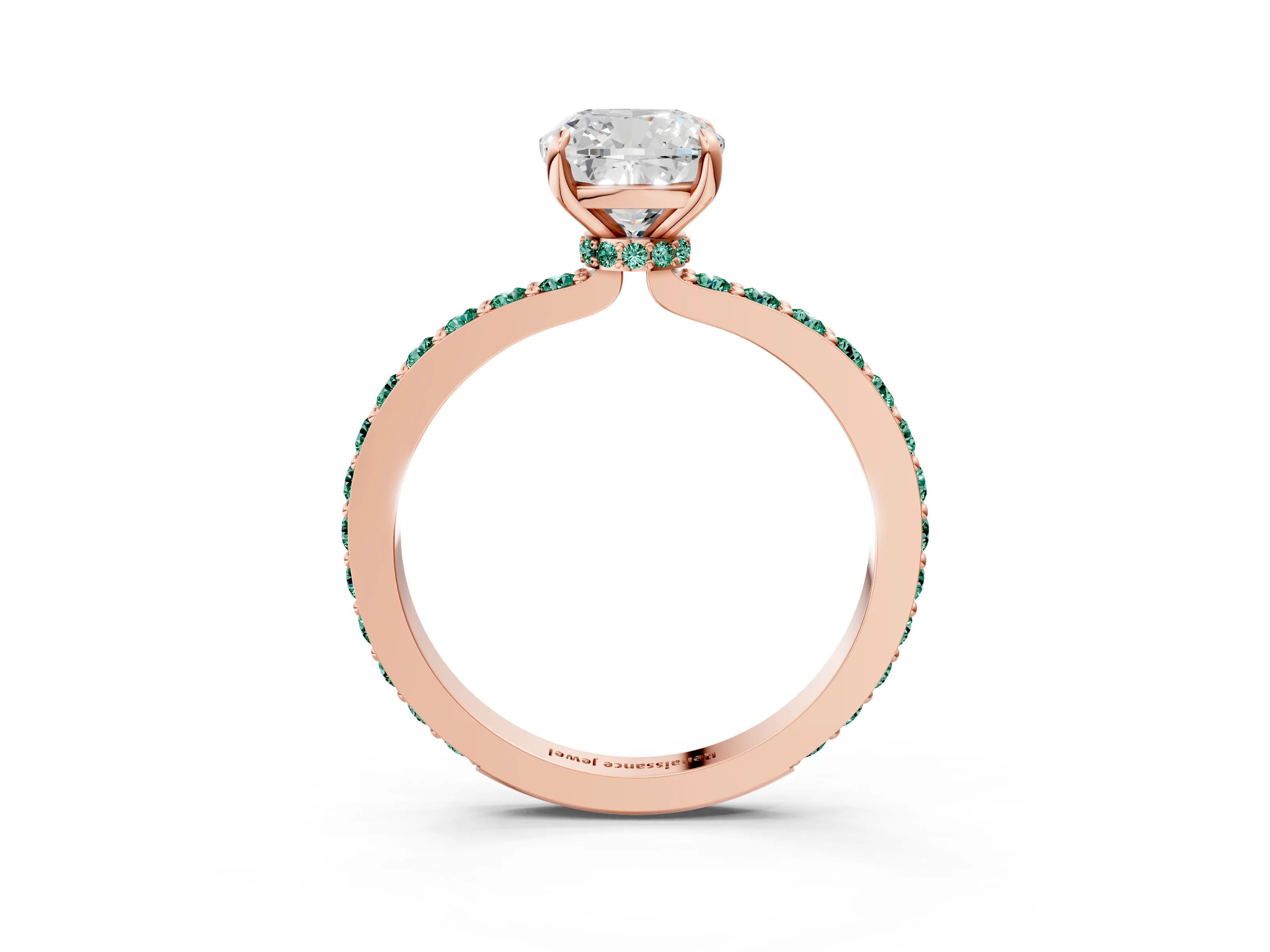 Rose gold Cushion Cut Diamond Pavé Engagement Ring with Round with Green Sapphire side stone Accents and Prong Setting_3