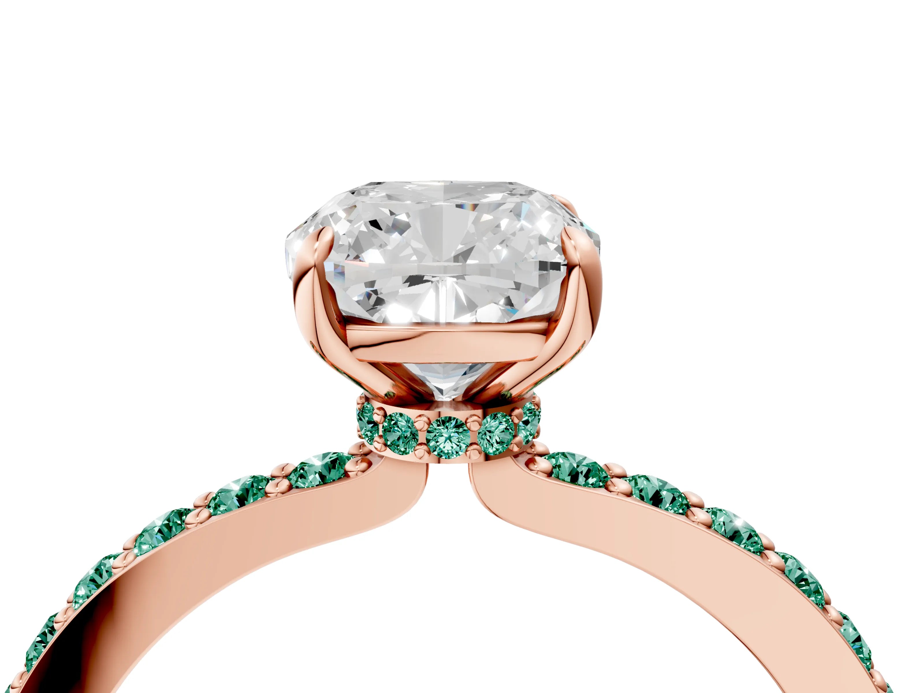 Rose gold Cushion Cut Diamond Pavé Engagement Ring with Round with Green Sapphire side stone Accents and Prong Setting_4