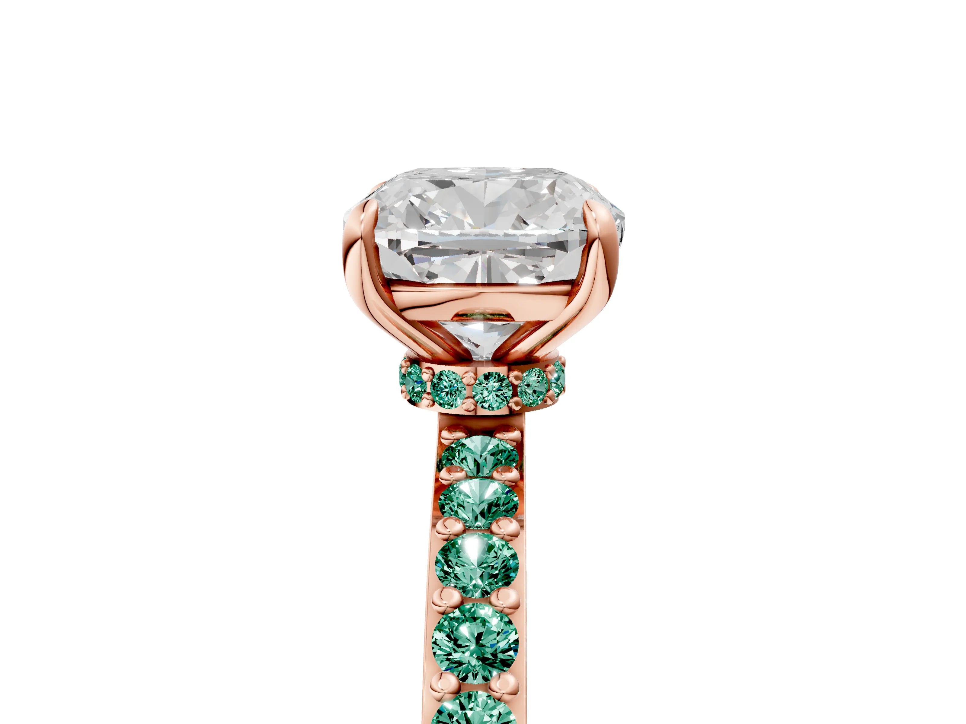 Rose gold Cushion Cut Diamond Pavé Engagement Ring with Round with Green Sapphire side stone Accents and Prong Setting_5