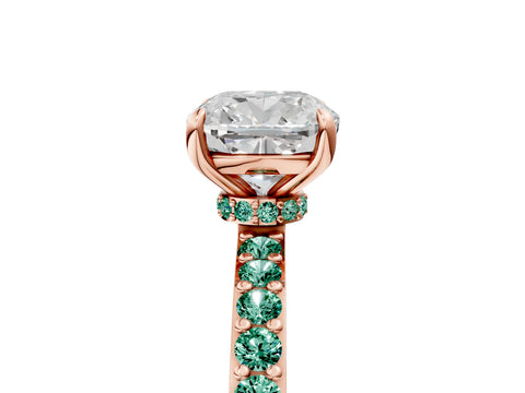 Rose gold Cushion Cut Diamond Pavé Engagement Ring with Round with Green Sapphire side stone Accents and Prong Setting_5