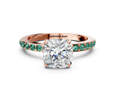 Rose gold Cushion Cut Diamond Pavé Engagement Ring with Round with Green Sapphire side stone Accents and Prong Setting