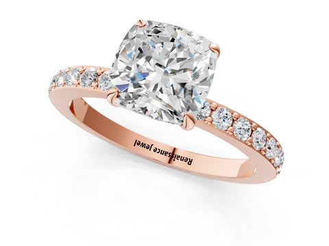 Rose gold Cushion Cut Diamond Pavé Engagement Ring with Round with Moissanite side stone Accents and Prong Setting_1