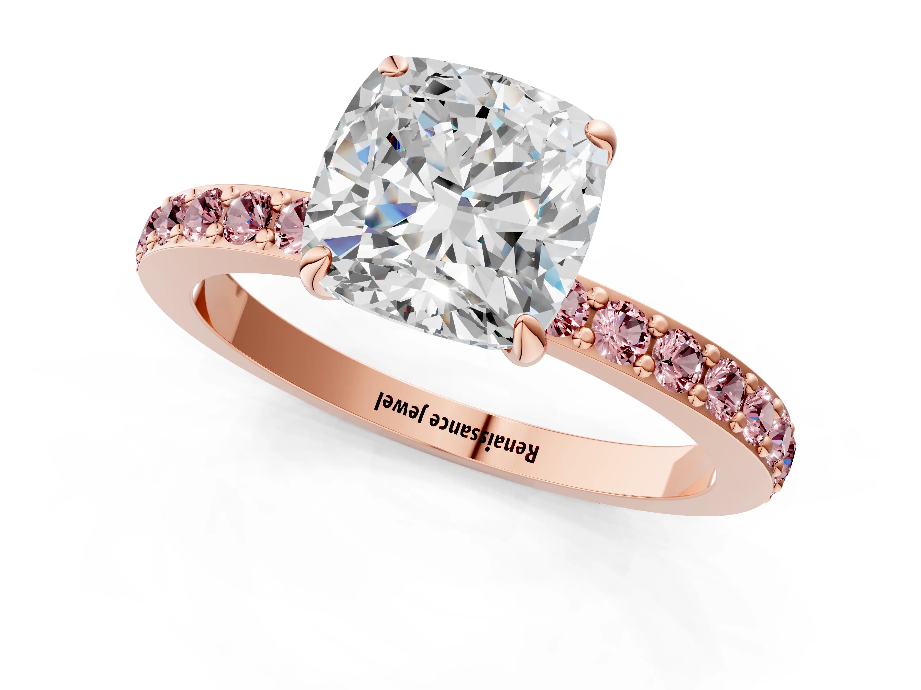 Rose gold Cushion Cut Diamond Pavé Engagement Ring with Round with Morganite side stone Accents and Prong Setting_1