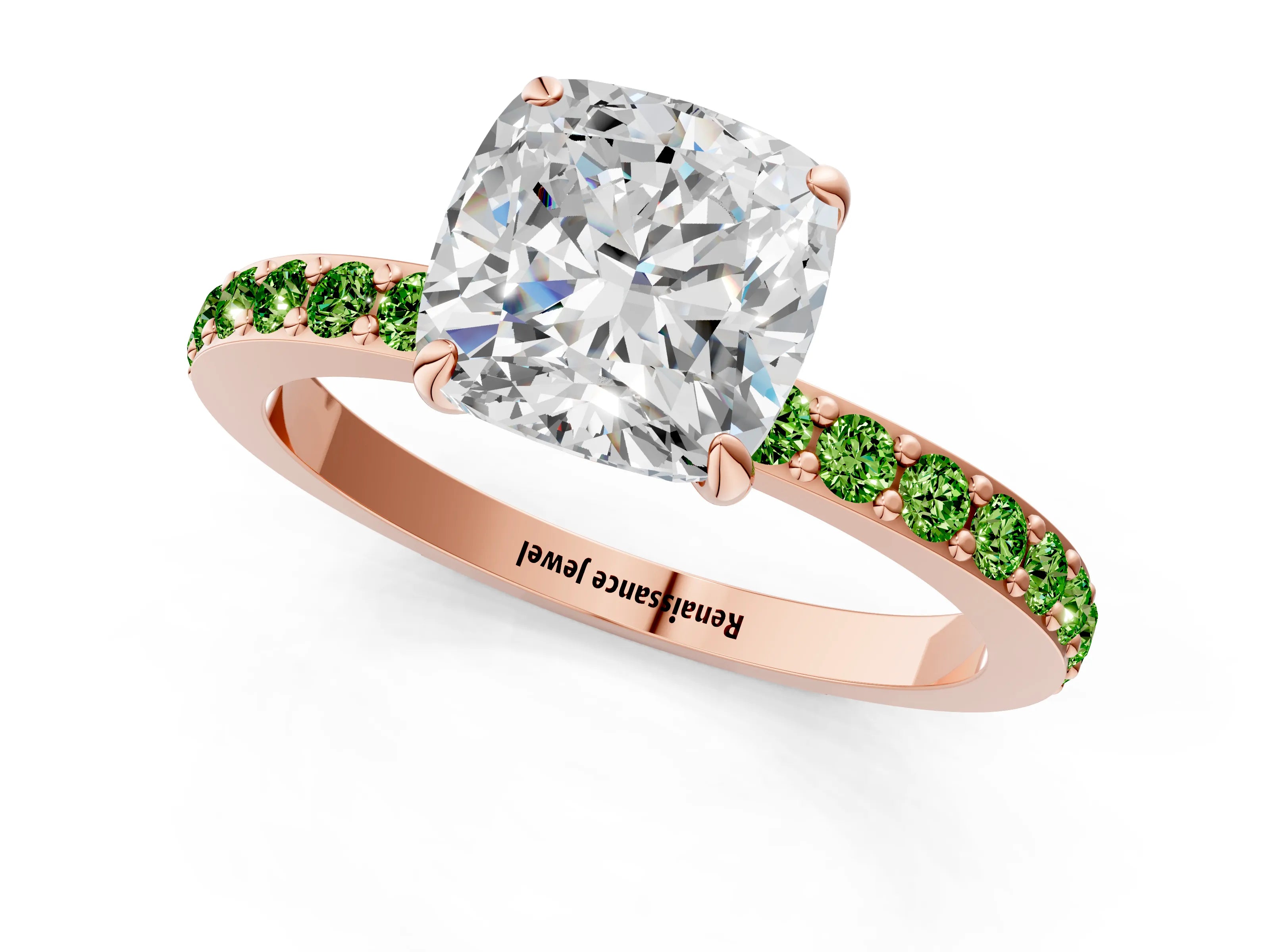 Rose gold Cushion Cut Diamond Pavé Engagement Ring with Round with Peridot side stone Accents and Prong Setting_1