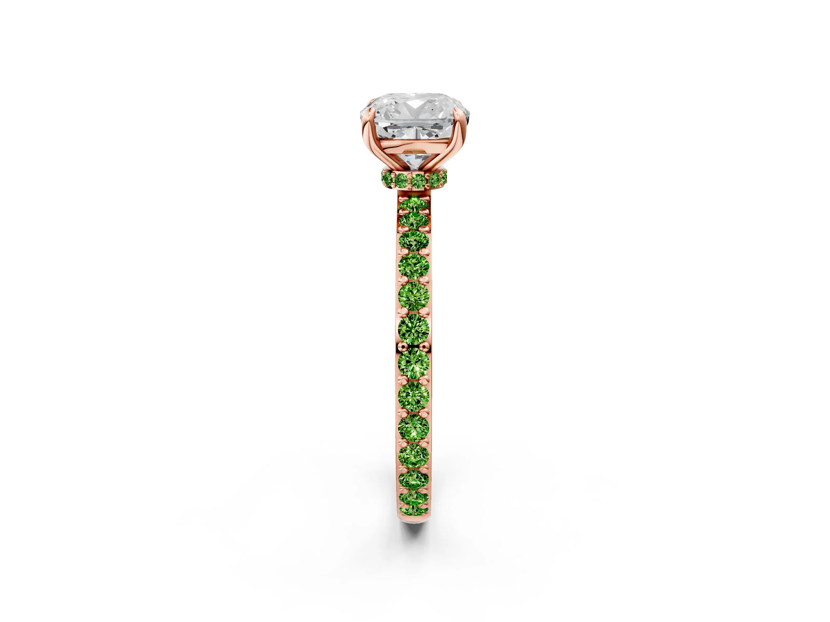 Rose gold Cushion Cut Diamond Pavé Engagement Ring with Round with Peridot side stone Accents and Prong Setting_2