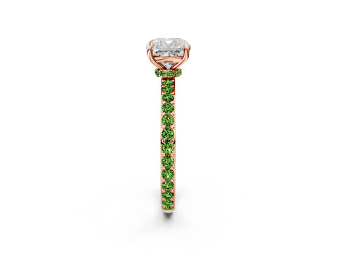 Rose gold Cushion Cut Diamond Pavé Engagement Ring with Round with Peridot side stone Accents and Prong Setting_2