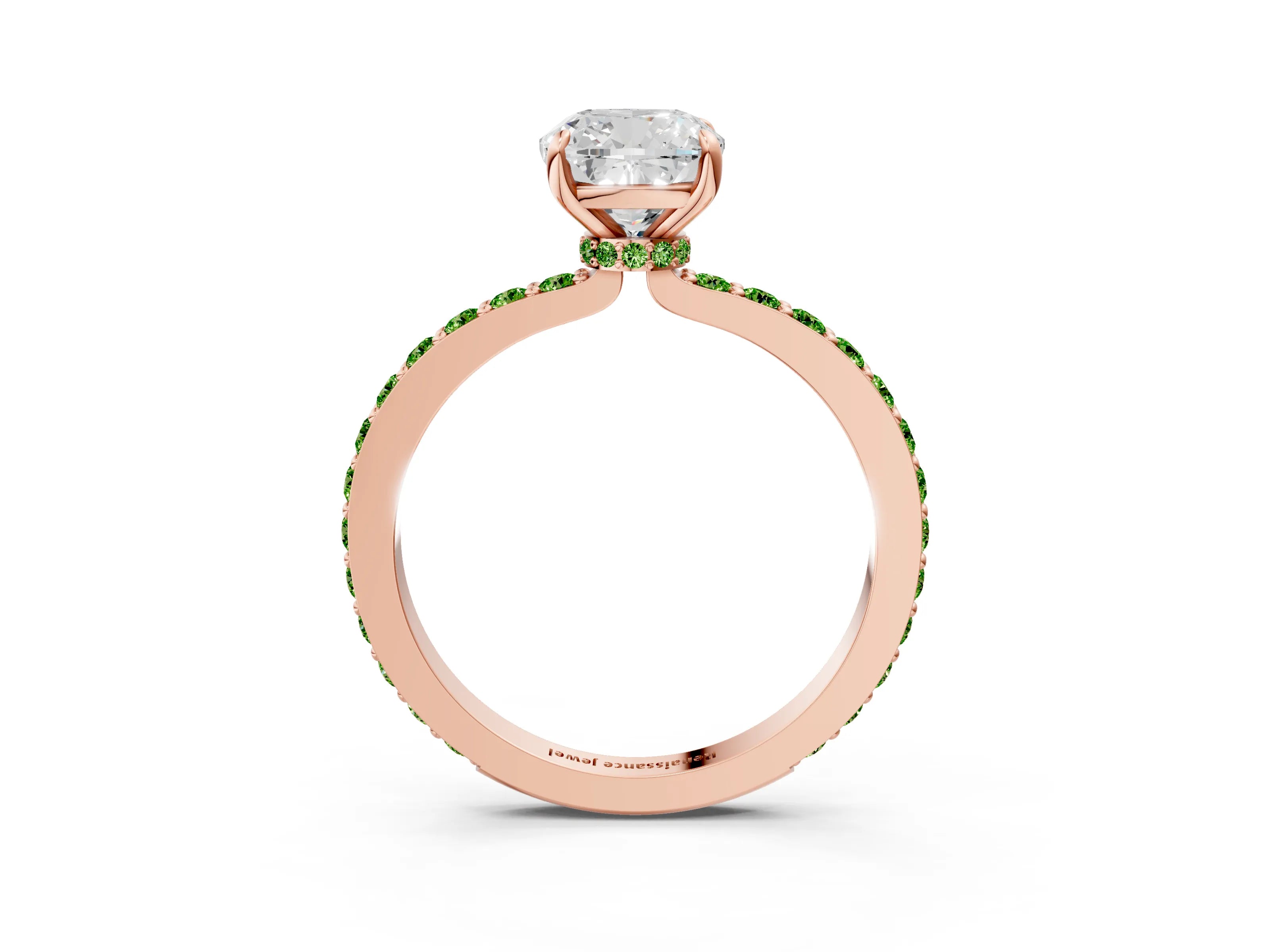 Rose gold Cushion Cut Diamond Pavé Engagement Ring with Round with Peridot side stone Accents and Prong Setting_3