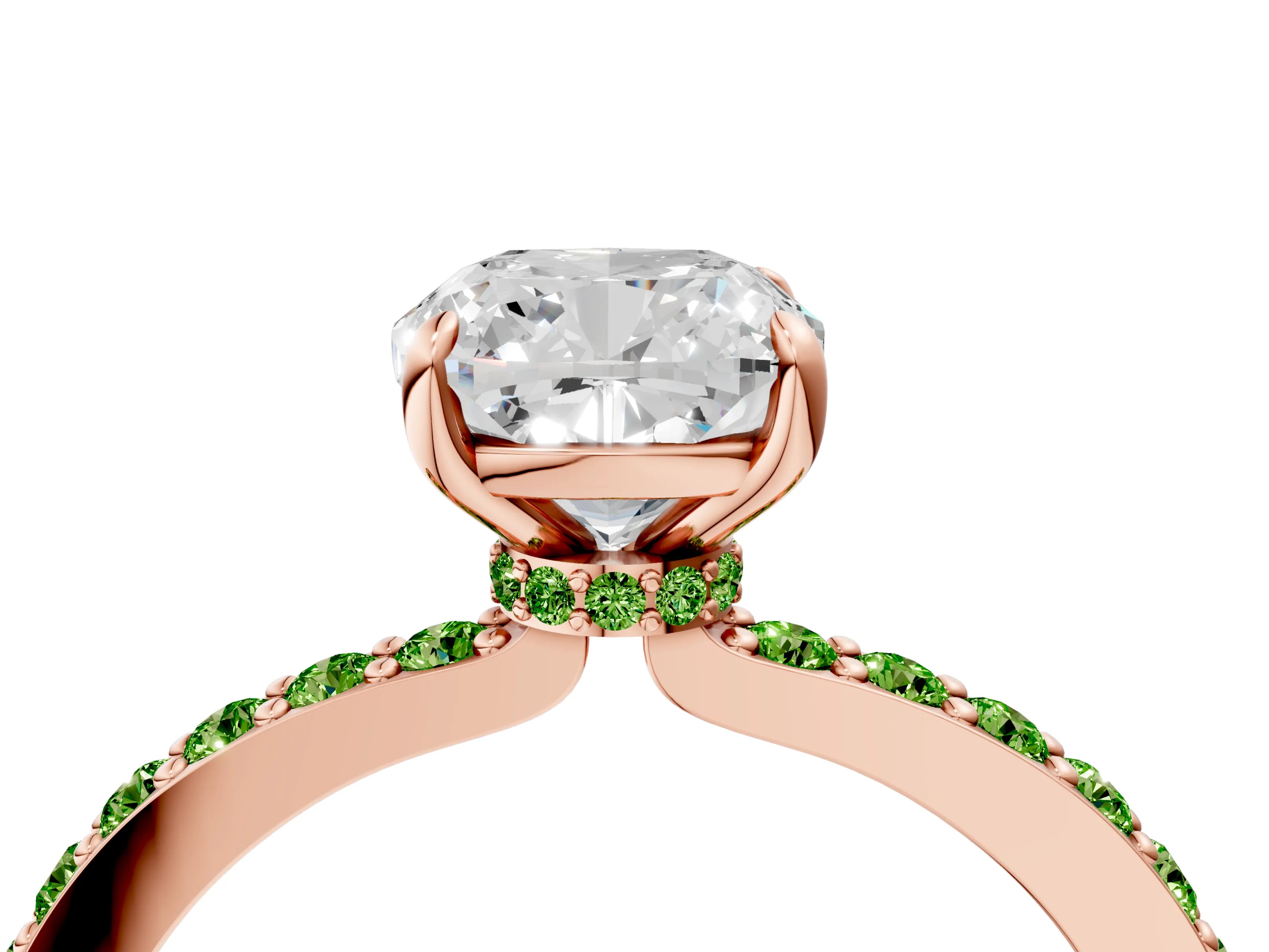 Rose gold Cushion Cut Diamond Pavé Engagement Ring with Round with Peridot side stone Accents and Prong Setting_4