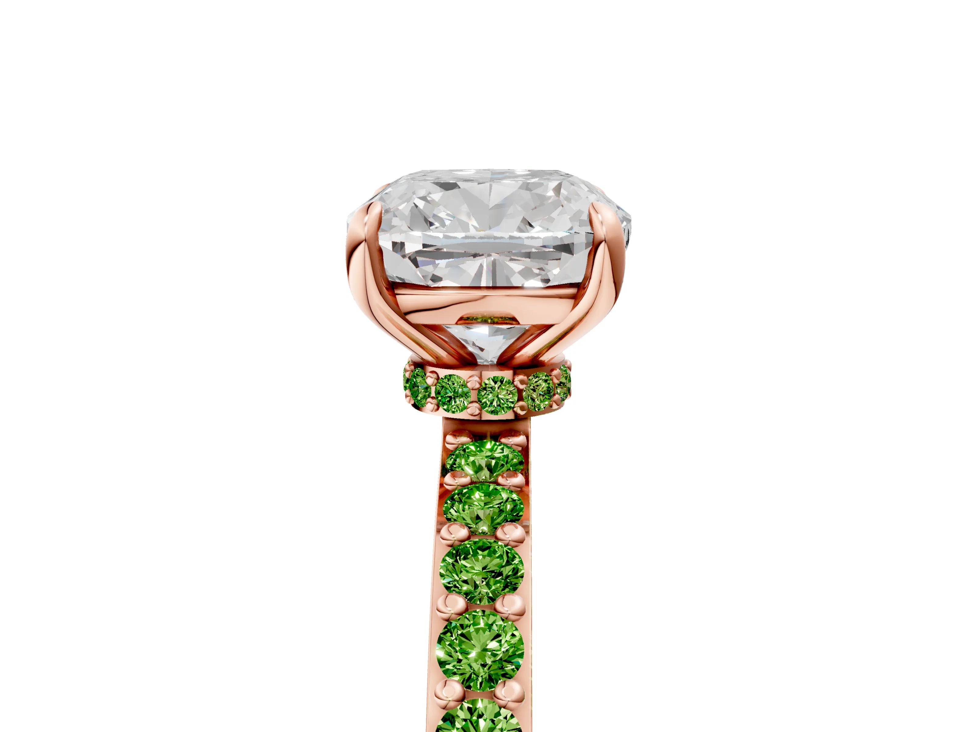 Rose gold Cushion Cut Diamond Pavé Engagement Ring with Round with Peridot side stone Accents and Prong Setting_5