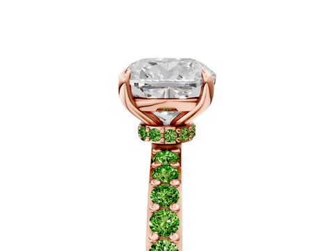 Rose gold Cushion Cut Diamond Pavé Engagement Ring with Round with Peridot side stone Accents and Prong Setting_5