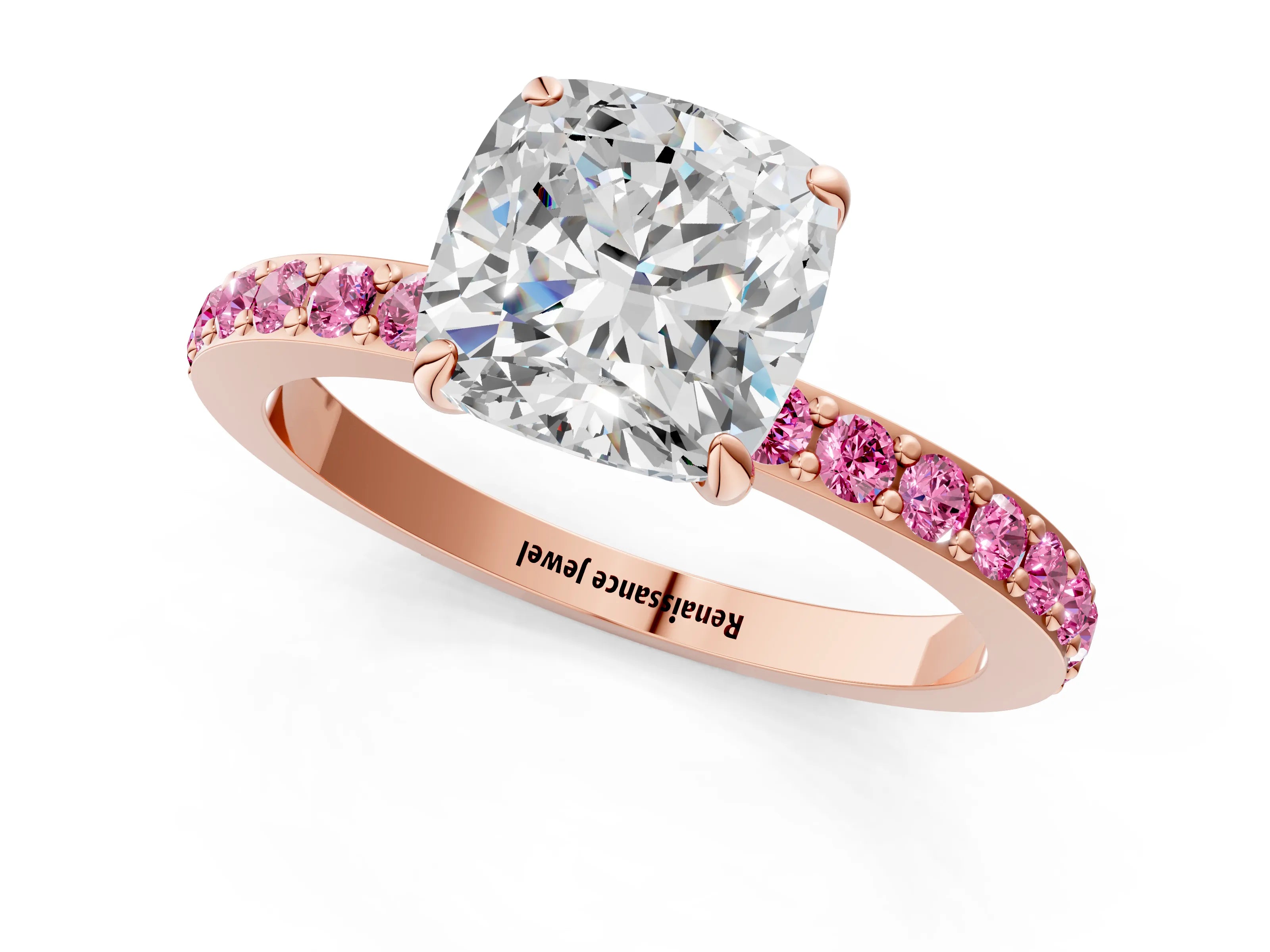 Rose gold Cushion Cut Diamond Pavé Engagement Ring with Round with Pink Sapphire side stone Accents and Prong Setting_1