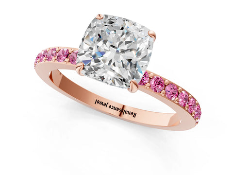 Rose gold Cushion Cut Diamond Pavé Engagement Ring with Round with Pink Sapphire side stone Accents and Prong Setting_1