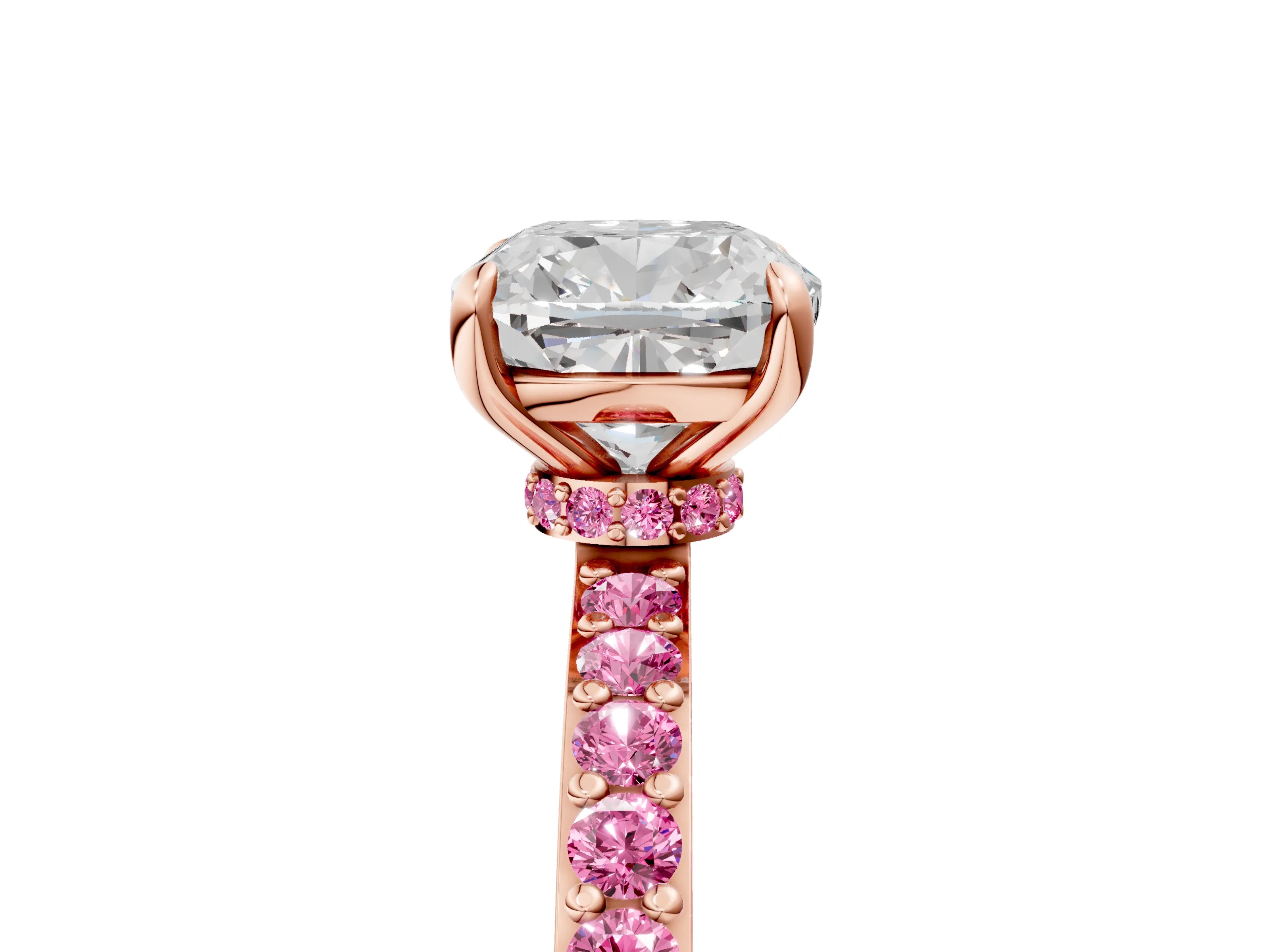 Rose gold Cushion Cut Diamond Pavé Engagement Ring with Round with Pink Sapphire side stone Accents and Prong Setting_5