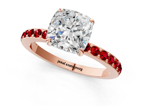 Rose gold Cushion Cut Diamond Pavé Engagement Ring with Round with Ruby side stone Accents and Prong Setting_1