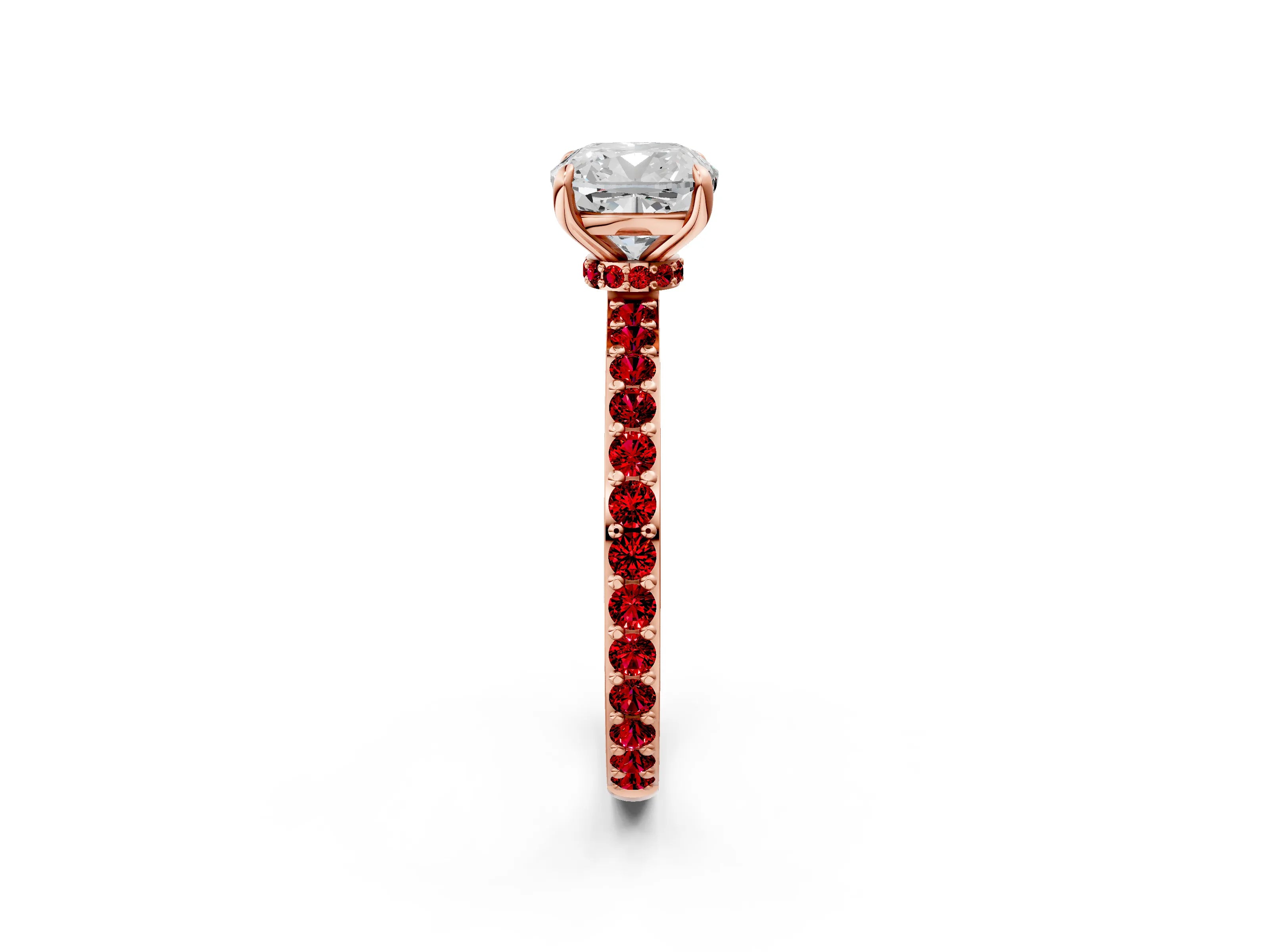 Rose gold Cushion Cut Diamond Pavé Engagement Ring with Round with Ruby side stone Accents and Prong Setting_2