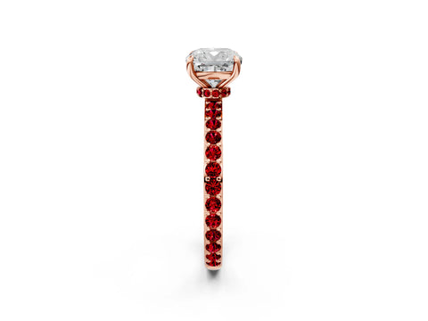 Rose gold Cushion Cut Diamond Pavé Engagement Ring with Round with Ruby side stone Accents and Prong Setting_2
