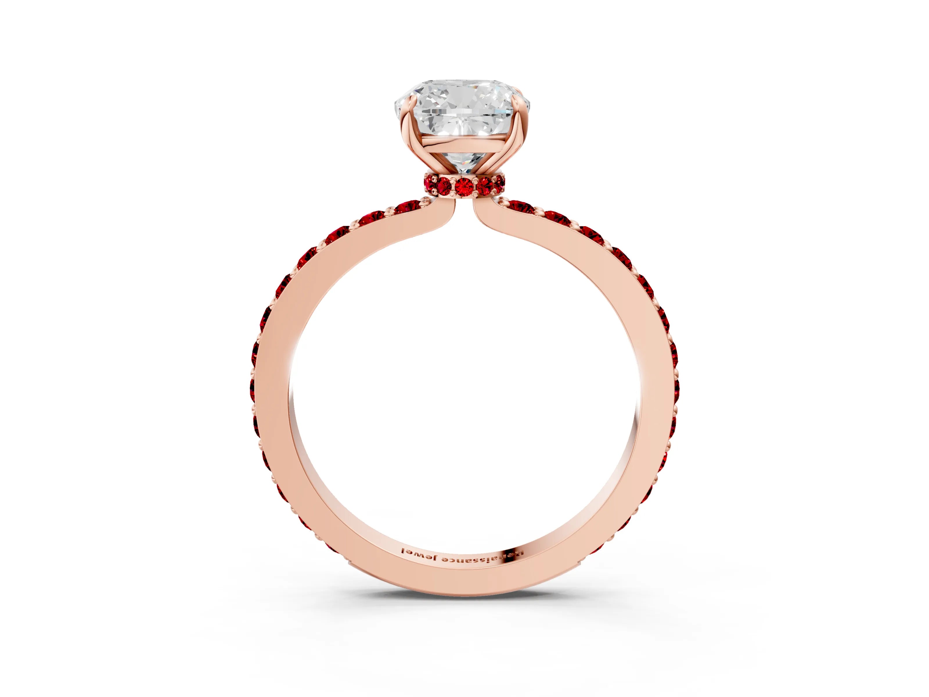 Rose gold Cushion Cut Diamond Pavé Engagement Ring with Round with Ruby side stone Accents and Prong Setting_3