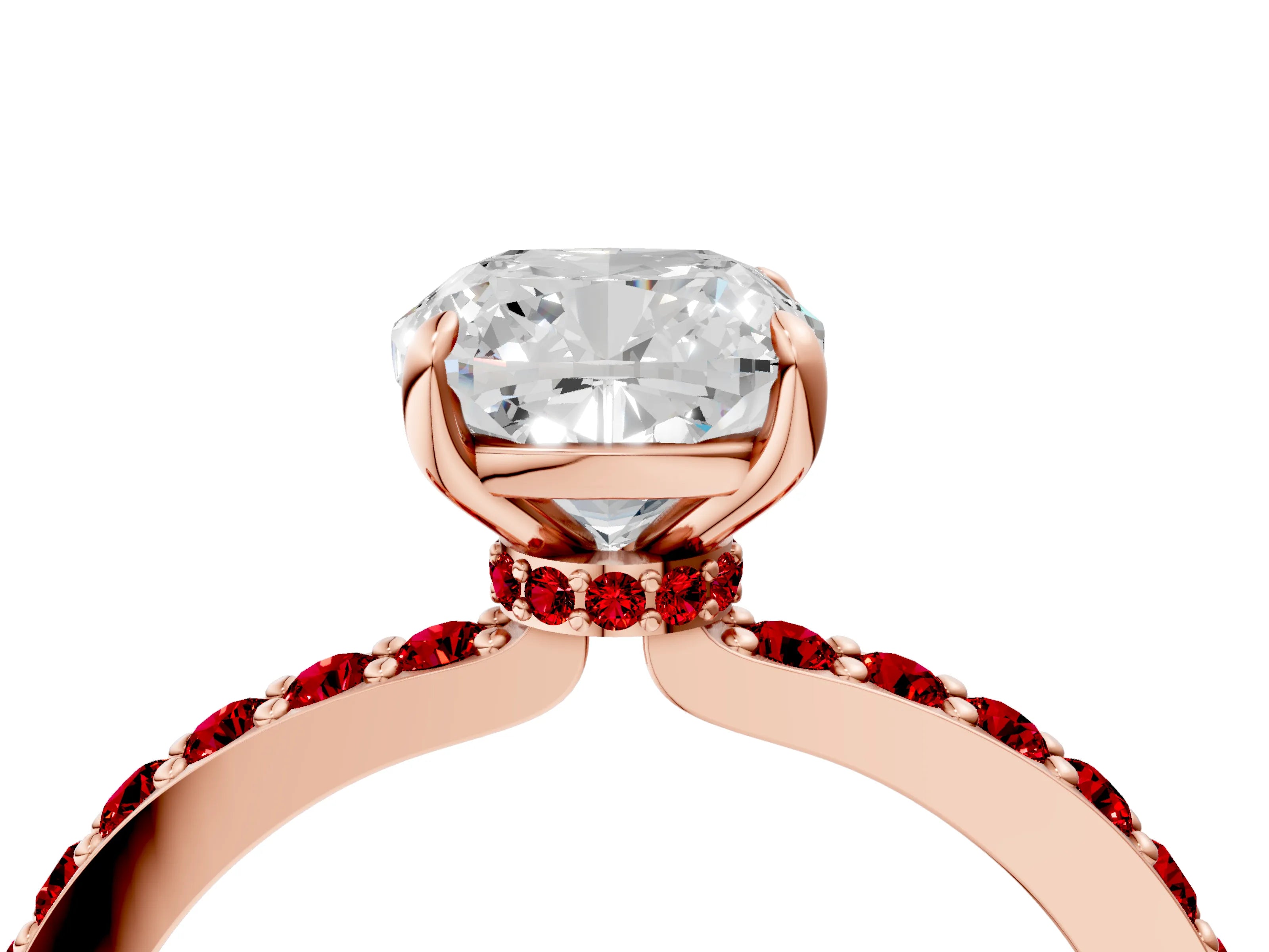 Rose gold Cushion Cut Diamond Pavé Engagement Ring with Round with Ruby side stone Accents and Prong Setting_4