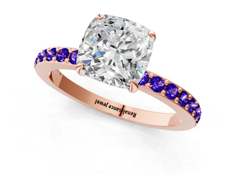 Rose gold Cushion Cut Diamond Pavé Engagement Ring with Round with Tanzanite side stone Accents and Prong Setting_1