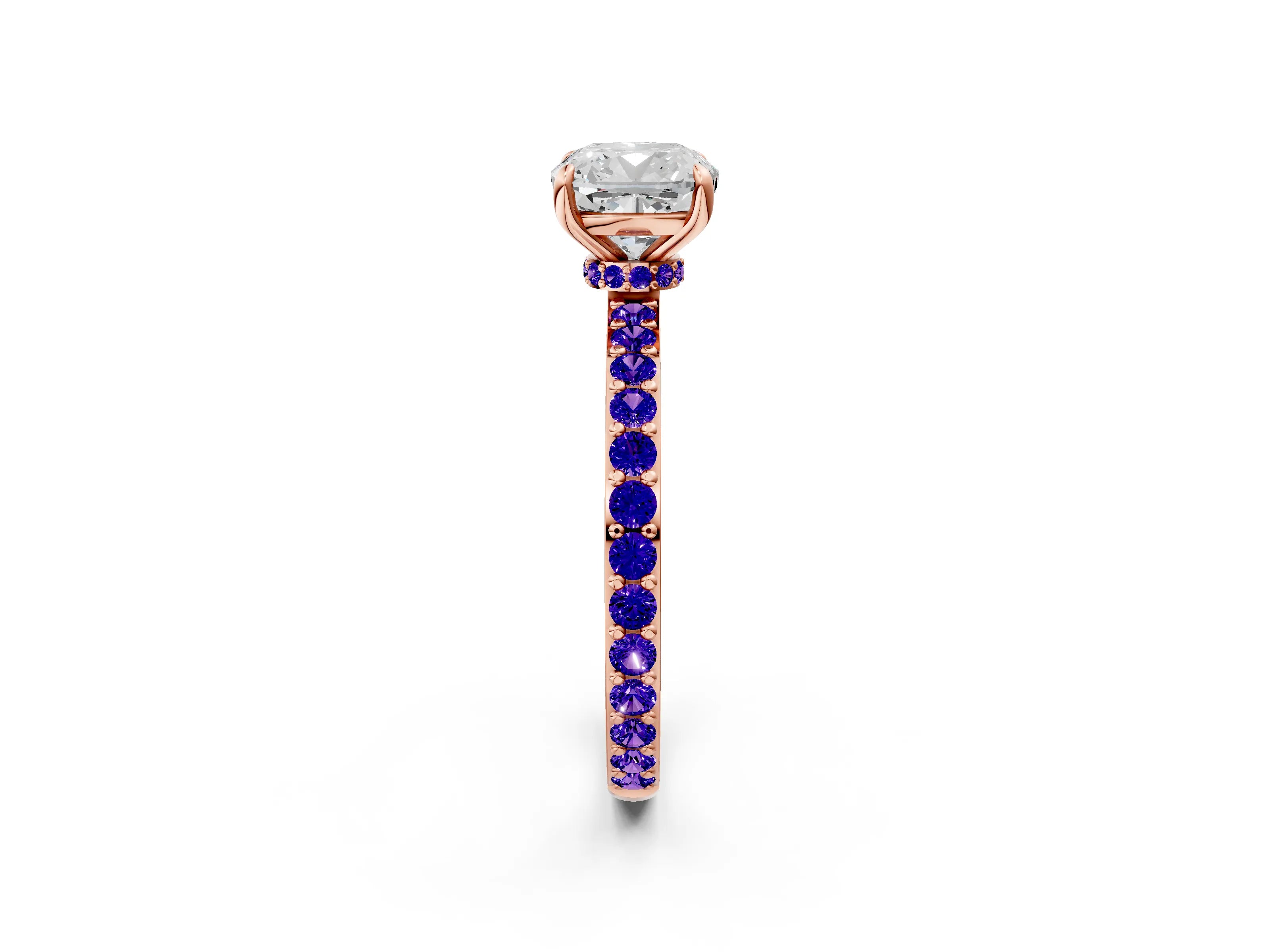 Rose gold Cushion Cut Diamond Pavé Engagement Ring with Round with Tanzanite side stone Accents and Prong Setting_2