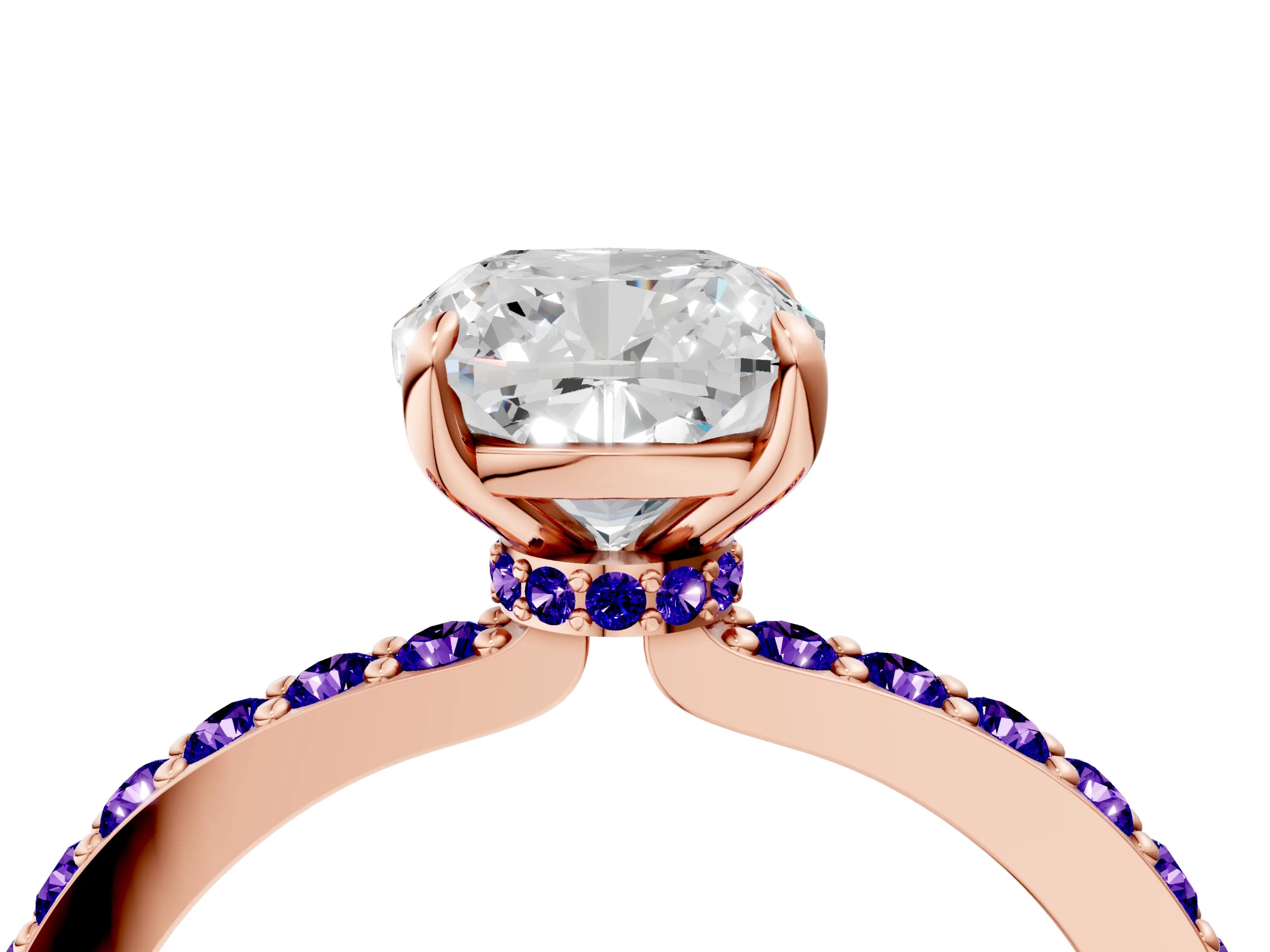 Rose gold Cushion Cut Diamond Pavé Engagement Ring with Round with Tanzanite side stone Accents and Prong Setting_4