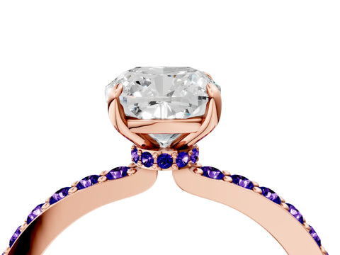 Rose gold Cushion Cut Diamond Pavé Engagement Ring with Round with Tanzanite side stone Accents and Prong Setting_4
