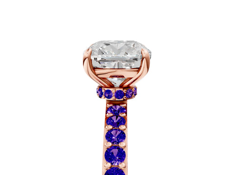 Rose gold Cushion Cut Diamond Pavé Engagement Ring with Round with Tanzanite side stone Accents and Prong Setting_5