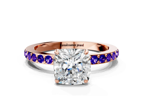 Rose gold Cushion Cut Diamond Pavé Engagement Ring with Round with Tanzanite side stone Accents and Prong Setting