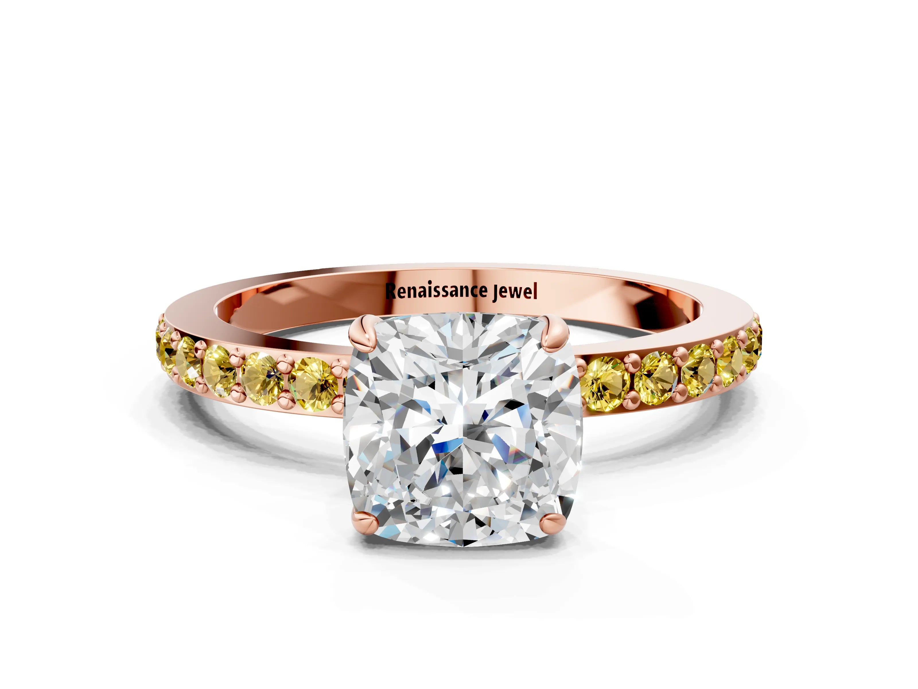 Rose gold Cushion Cut Diamond Pavé Engagement Ring with Round with Yellow Sapphire side stone Accents and Prong Setting