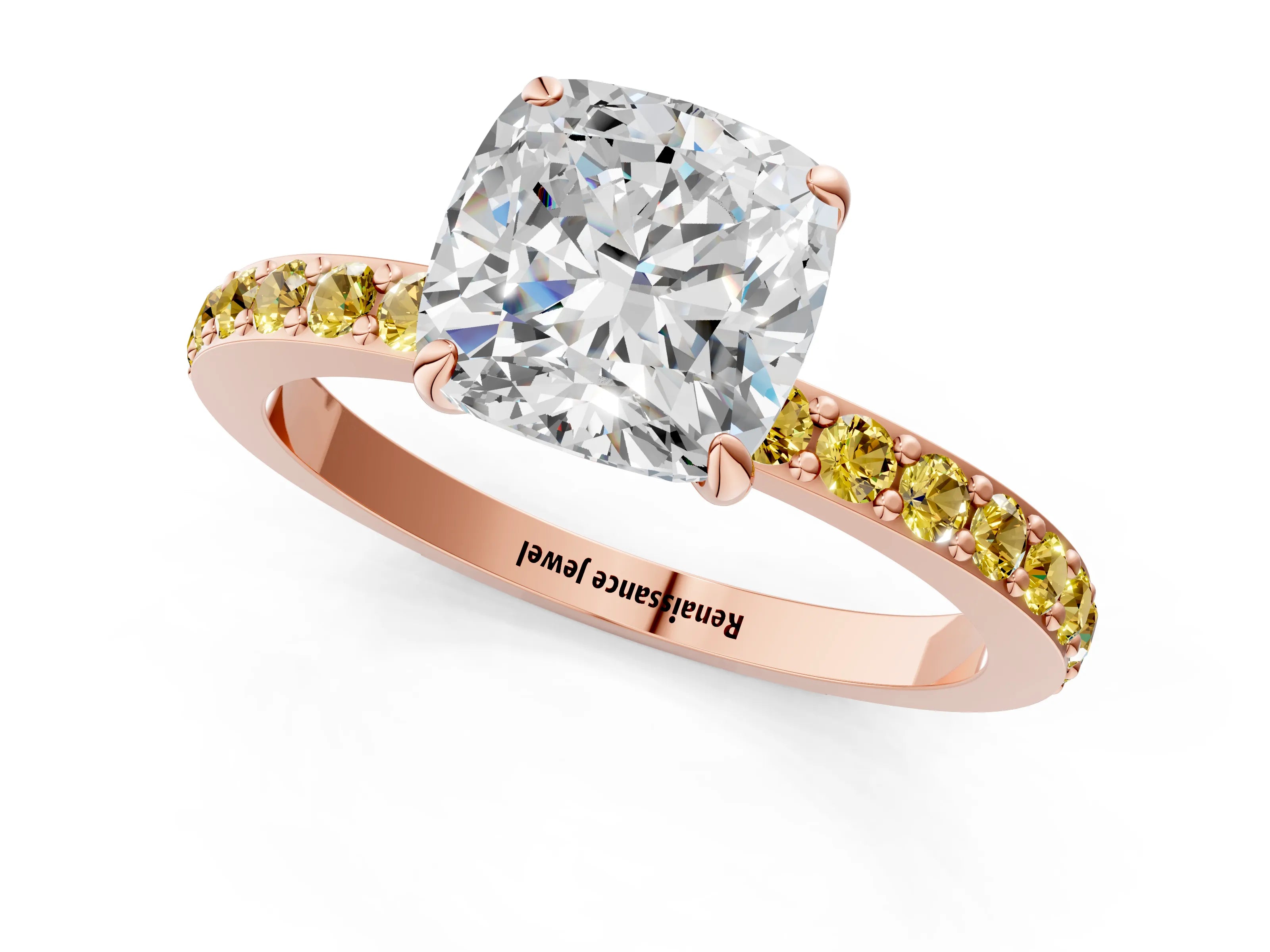 Rose gold Cushion Cut Diamond Pavé Engagement Ring with Round with Yellow Sapphire side stone Accents and Prong Setting_1
